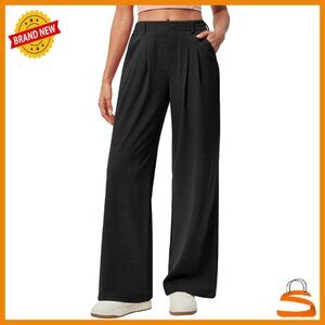 Wide Leg Pull-On Work Pants High Waisted Stretchy Business Casual Trousers